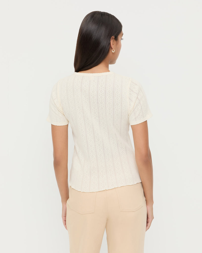 Kerri Pointelle Tee in cream pointelle cotton and Demi Embroidered Pant in tan cotton.