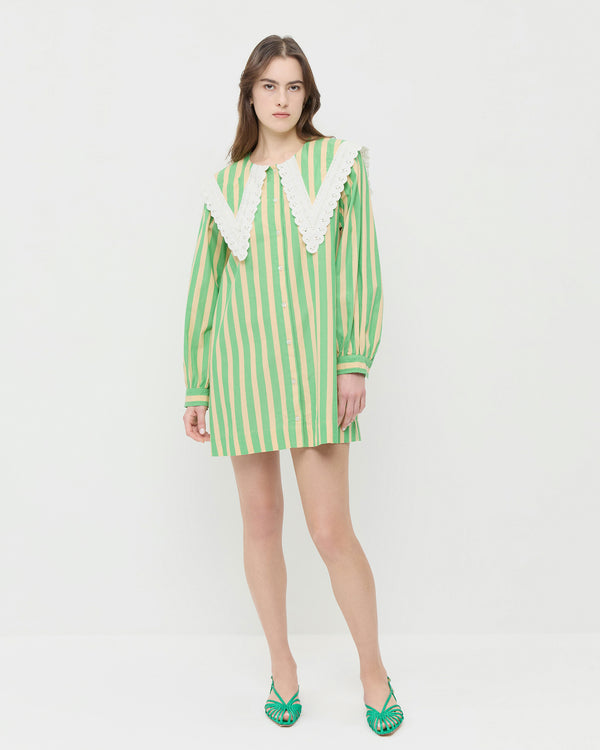 Kieran Dress in green and tan stripe cotton with lace trim and Devon Green Moiré Slingback Sandal.