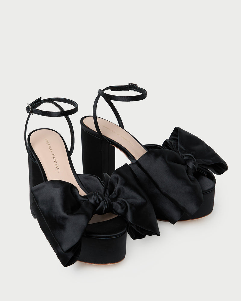 Kiki Black Satin Platform Sandal in black satin.