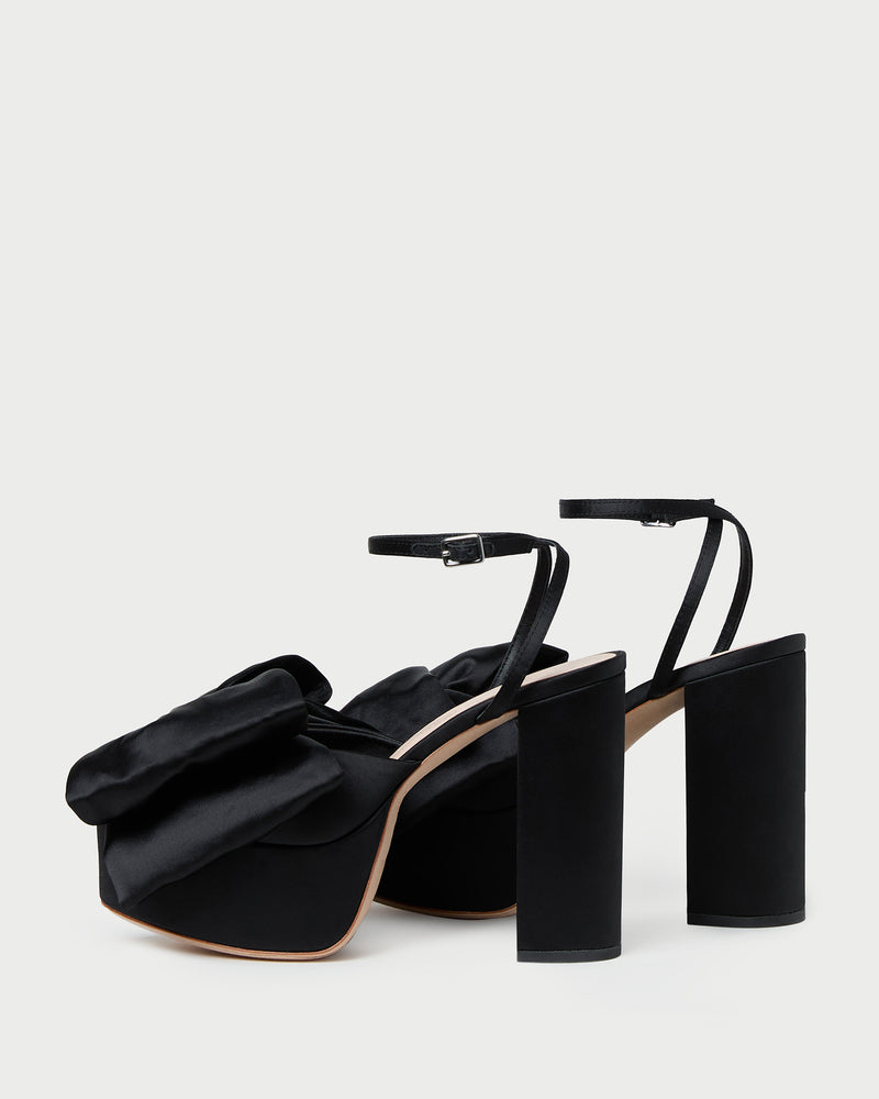 Kiki Black Satin Platform Sandal in black satin.