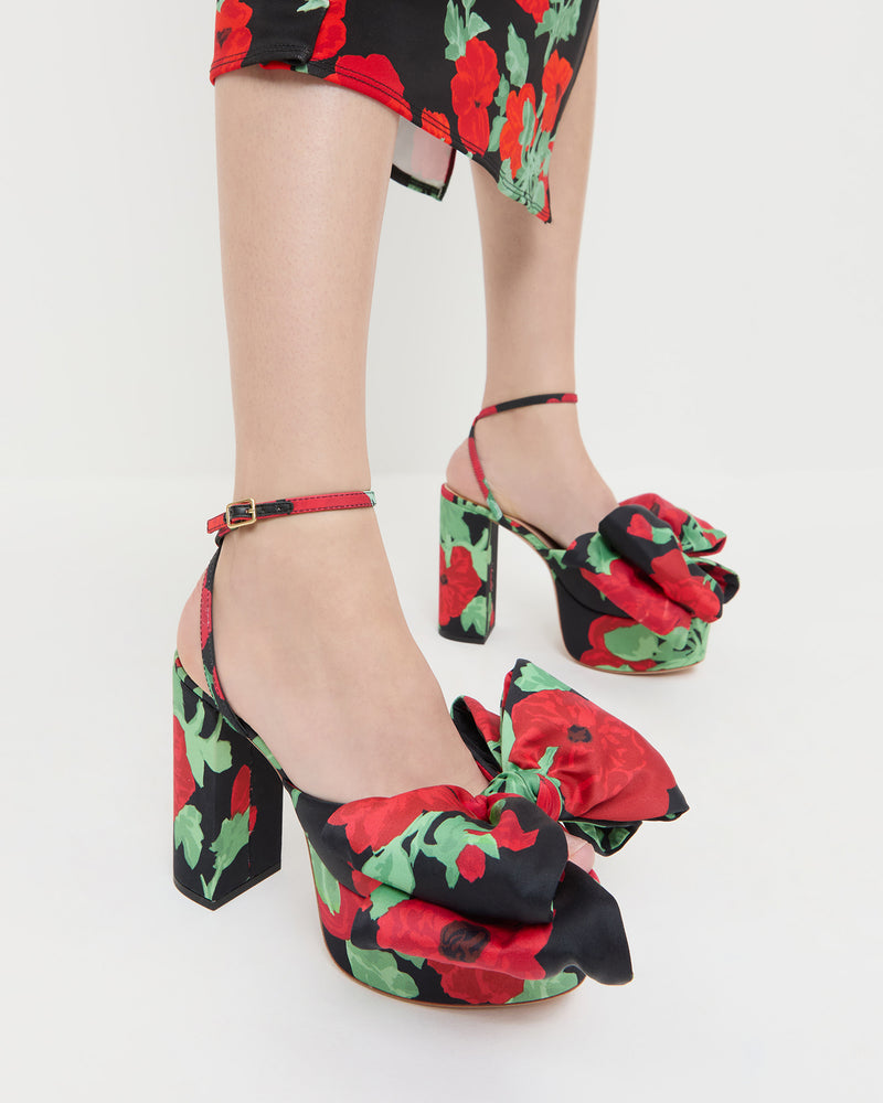 Kiki Black Floral Platform Sandal in black floral taffeta and Selena Dress in black floral jersey.