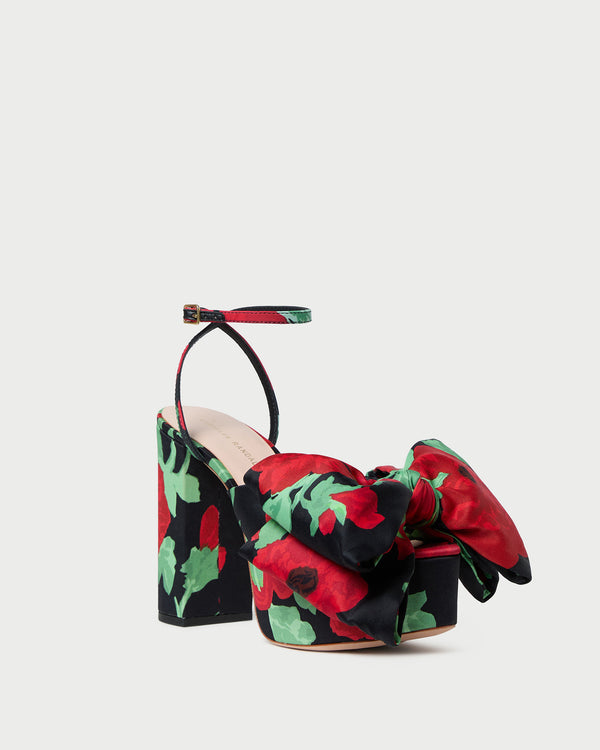 Kiki Black Floral Platform Sandal in black floral taffeta.