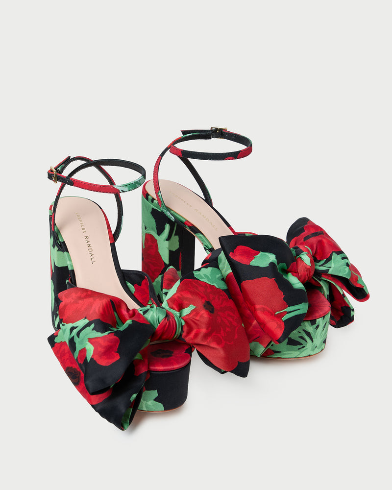 Kiki Black Floral Platform Sandal in black floral taffeta.