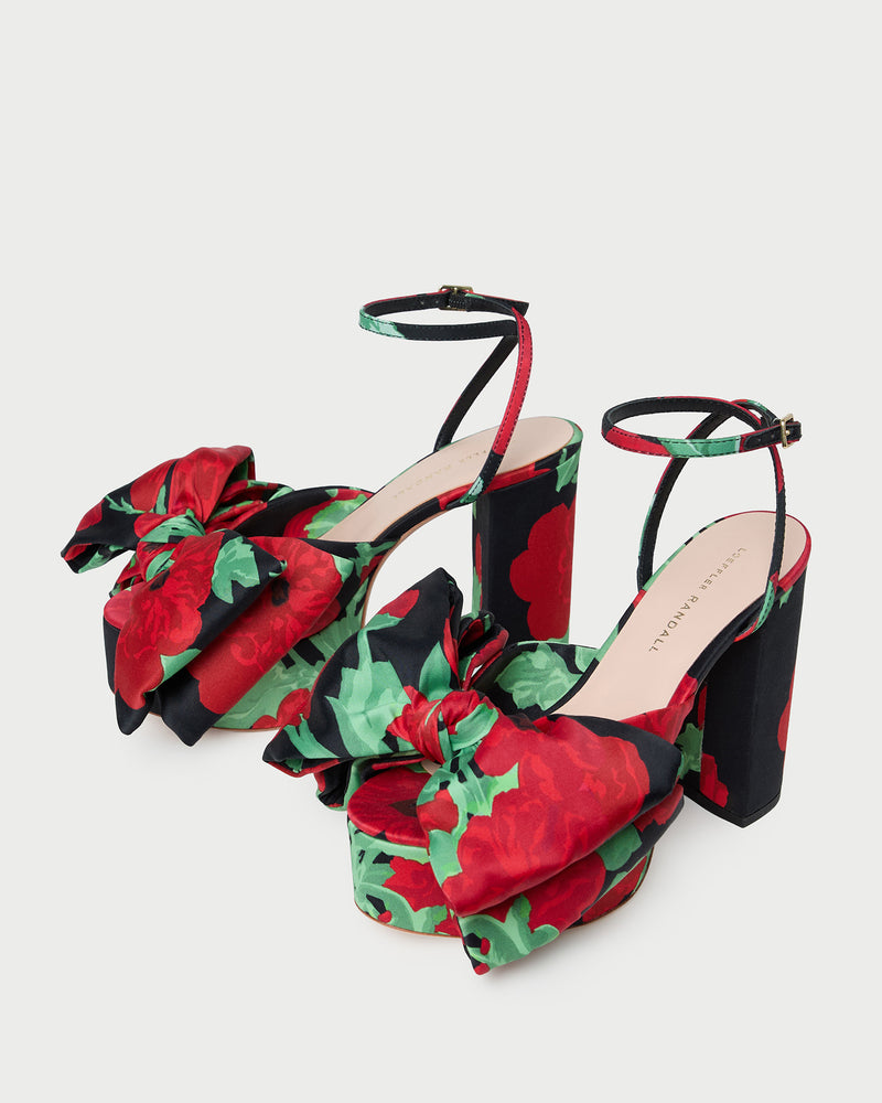 Kiki Black Floral Platform Sandal in black floral taffeta.