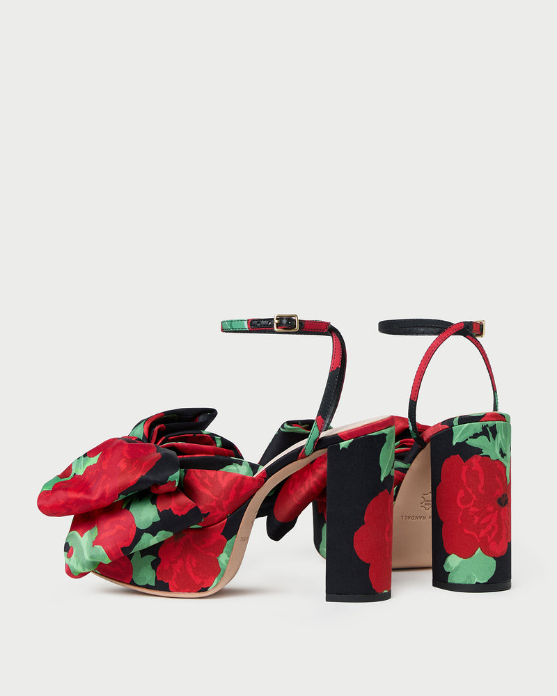Kiki Black Floral Platform Sandal in black floral taffeta.