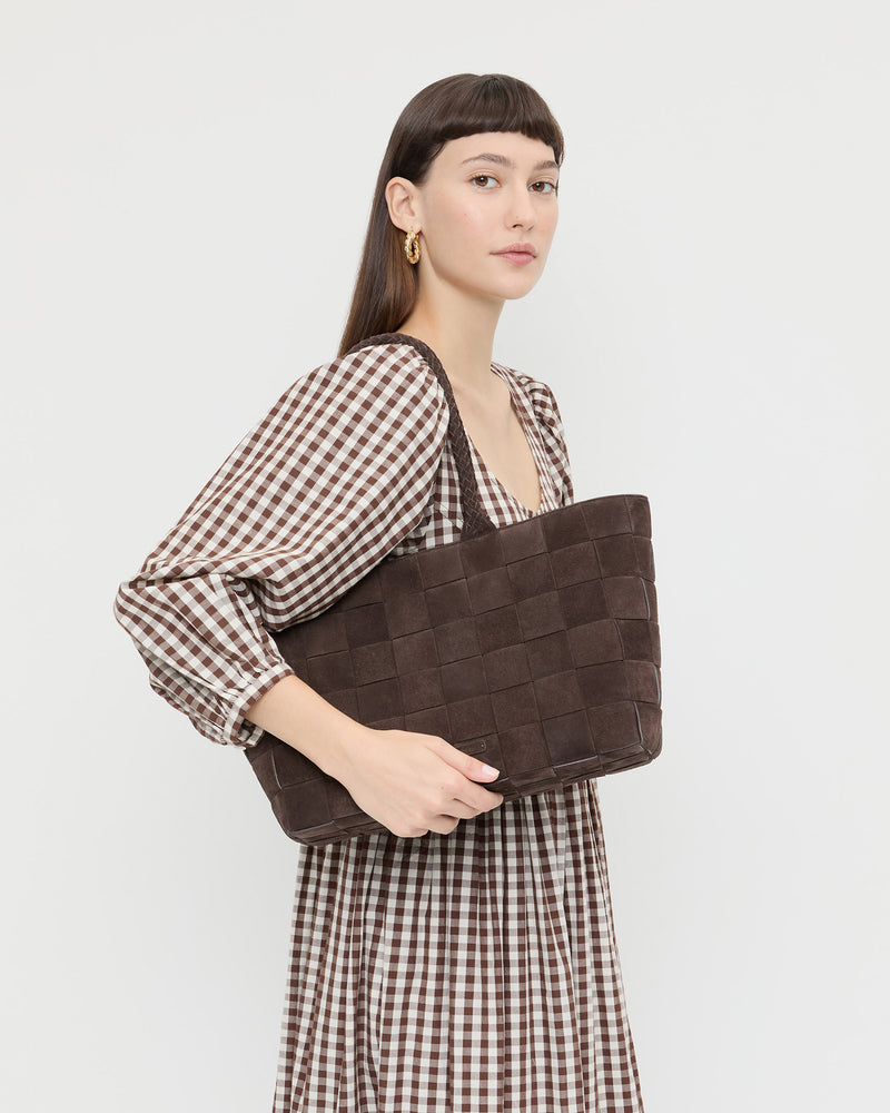Klara Brown Woven Suede Tote in brown woven suede and Diane Dress in brown and cream gingham cotton.