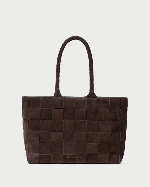 Klara Brown Woven Suede Tote in brown woven suede.