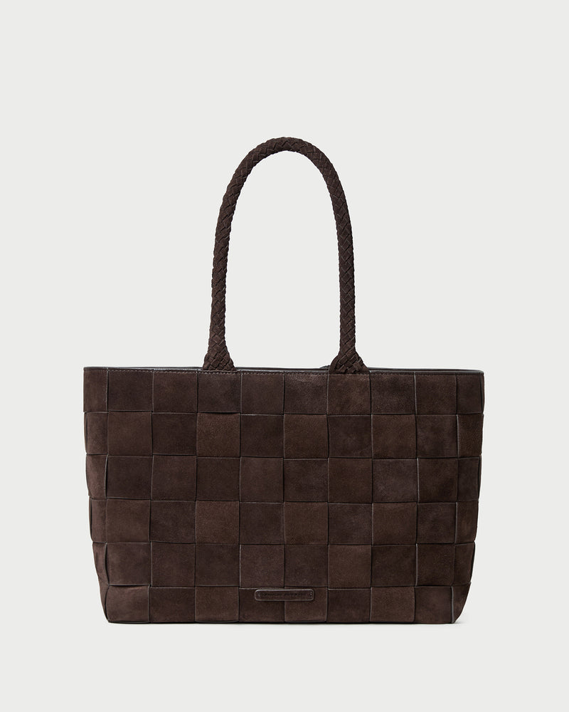 Klara Brown Woven Suede Tote in brown woven suede.