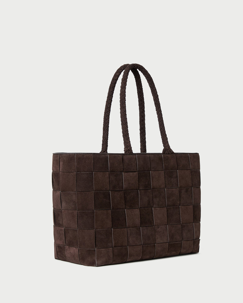 Klara Brown Woven Suede Tote in brown woven suede.