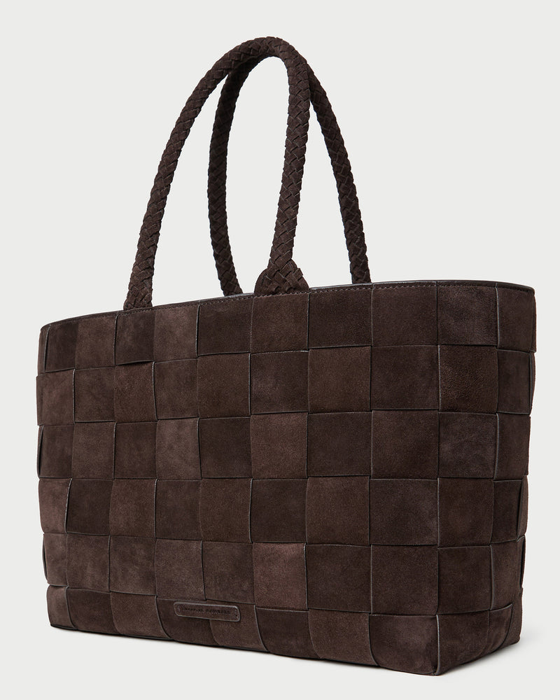 Klara Brown Woven Suede Tote in brown woven suede.