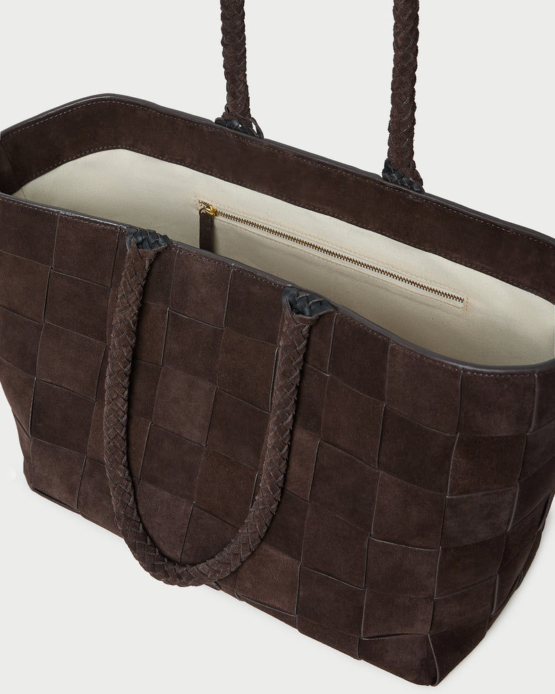 Klara Brown Woven Suede Tote in brown woven suede.