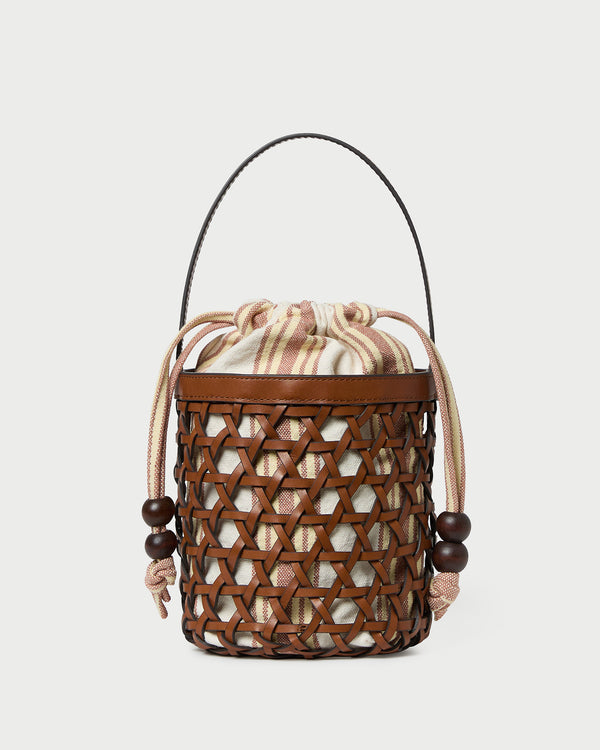 Laith Timber/Butter Bucket Bag with yellow and brown striped canvas and timber brown leather.