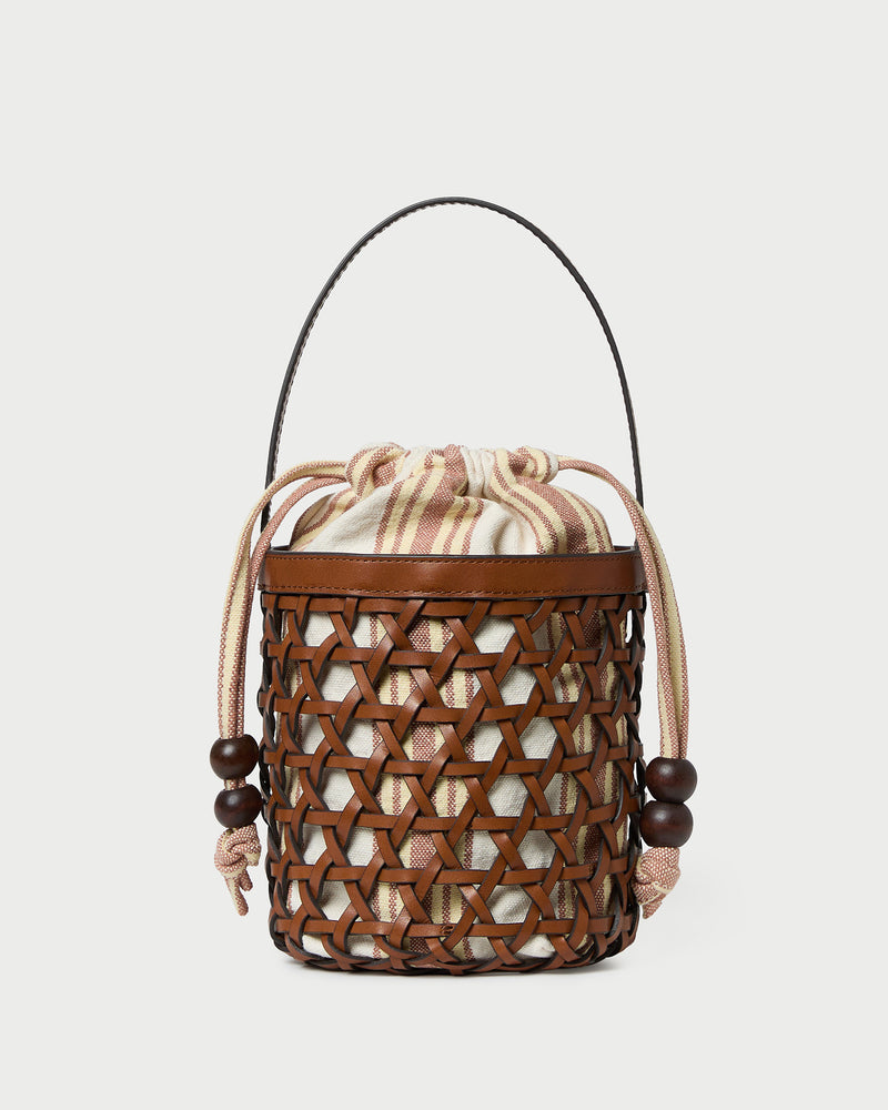Laith Timber/Butter Bucket Bag with yellow and brown striped canvas and timber brown leather.