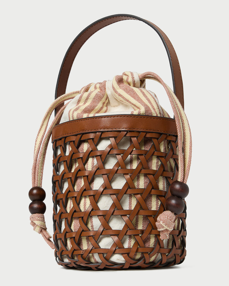 Laith Timber/Butter Bucket Bag with yellow and brown striped canvas and timber brown leather.