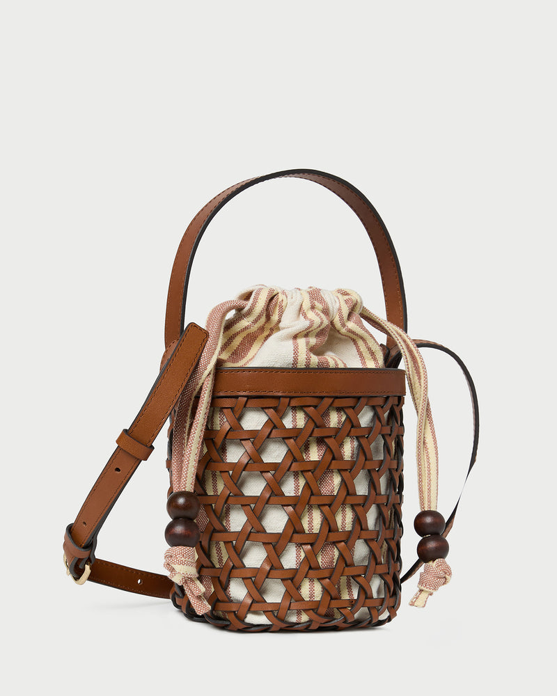 Laith Timber/Butter Bucket Bag with yellow and brown striped canvas and timber brown leather.