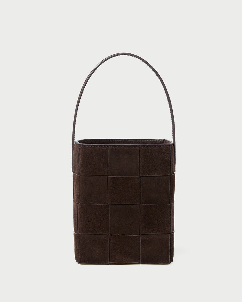 Laith Brown Suede Bucket Bag in brown woven suede.