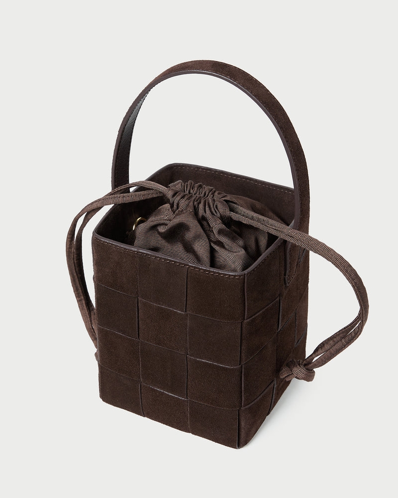 Laith Brown Suede Bucket Bag in brown woven suede.
