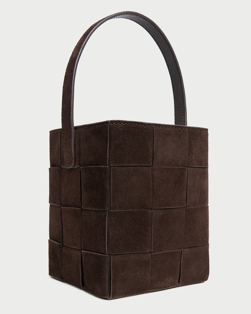 Laith Brown Suede Bucket Bag in brown woven suede.