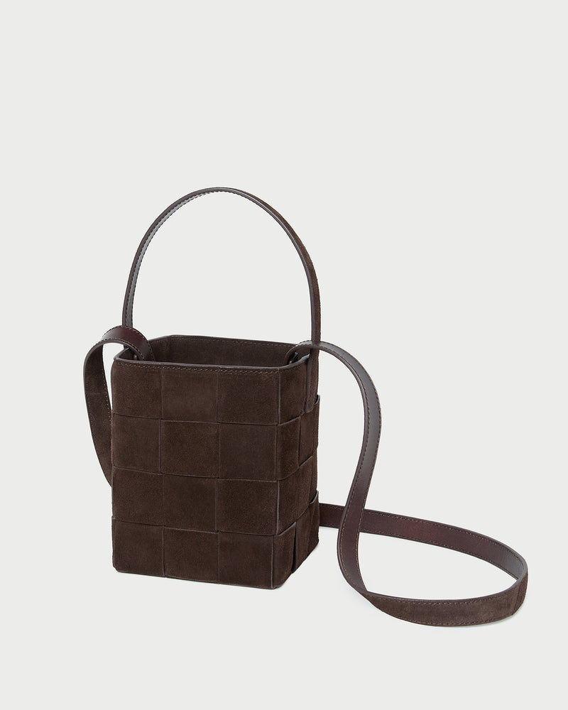 Laith Brown Suede Bucket Bag in brown woven suede.