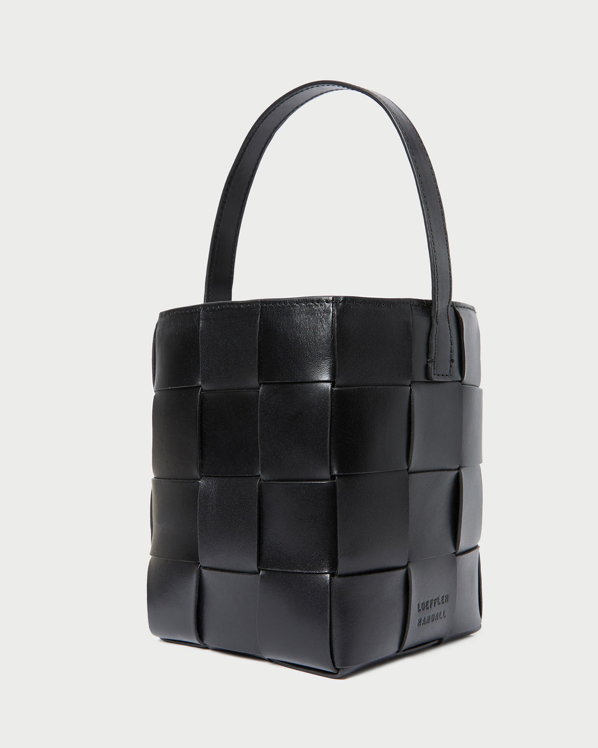 Laith Black Leather Bucket Bag in black woven leather.