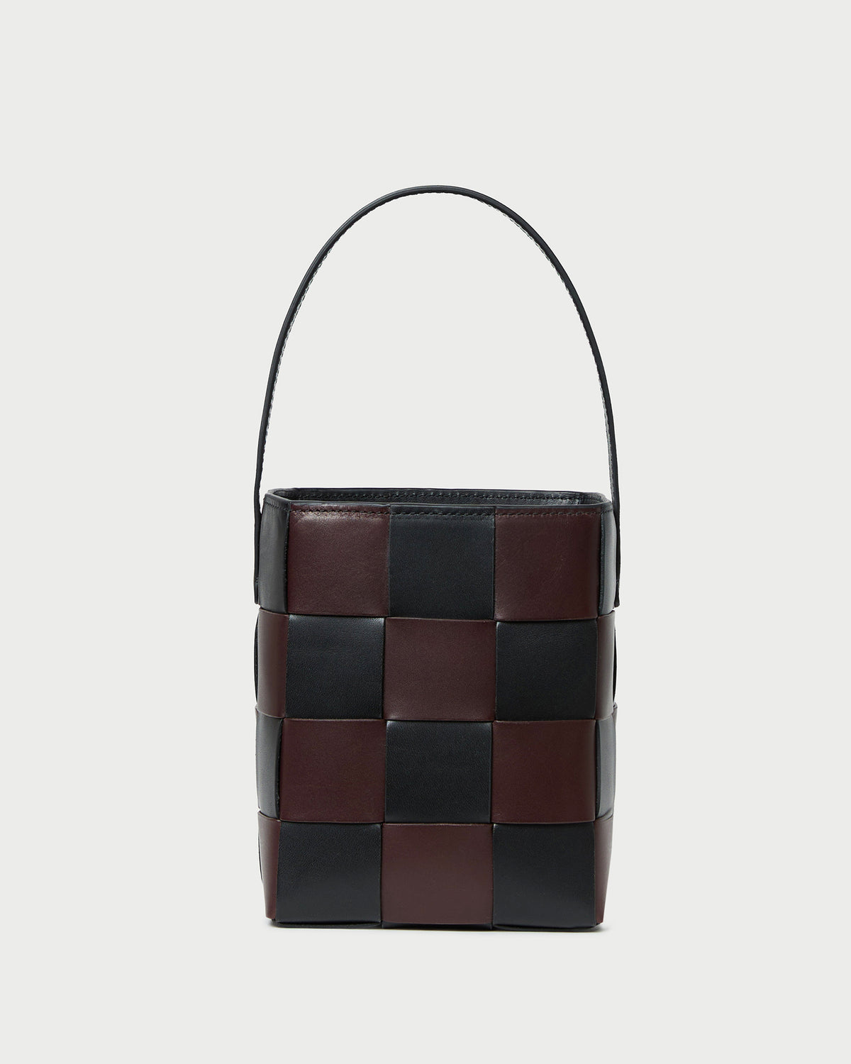 Laith Black/Brown Woven Bucket Bag in brown and black woven leather.