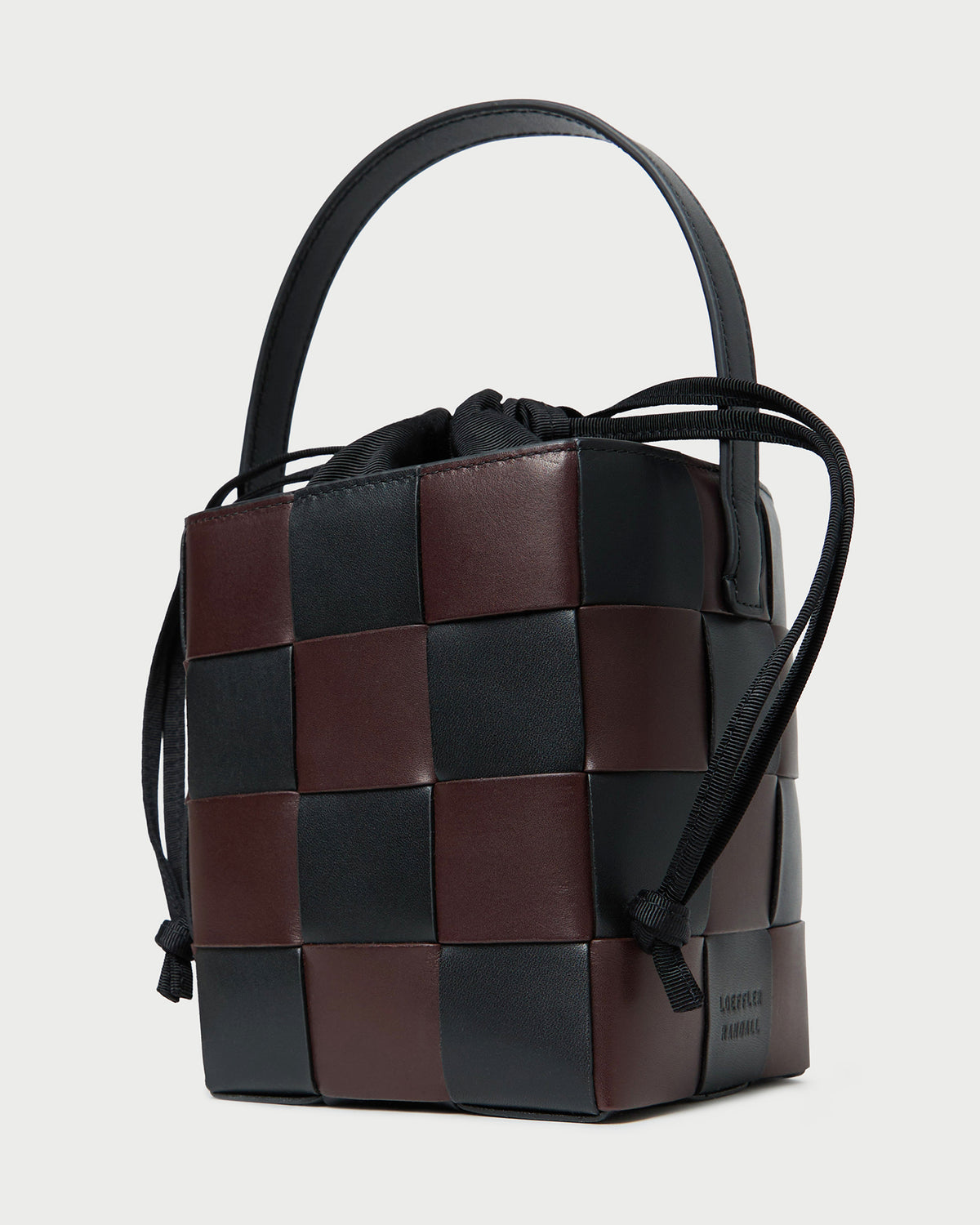 Laith Black/Brown Woven Bucket Bag in brown and black woven leather.