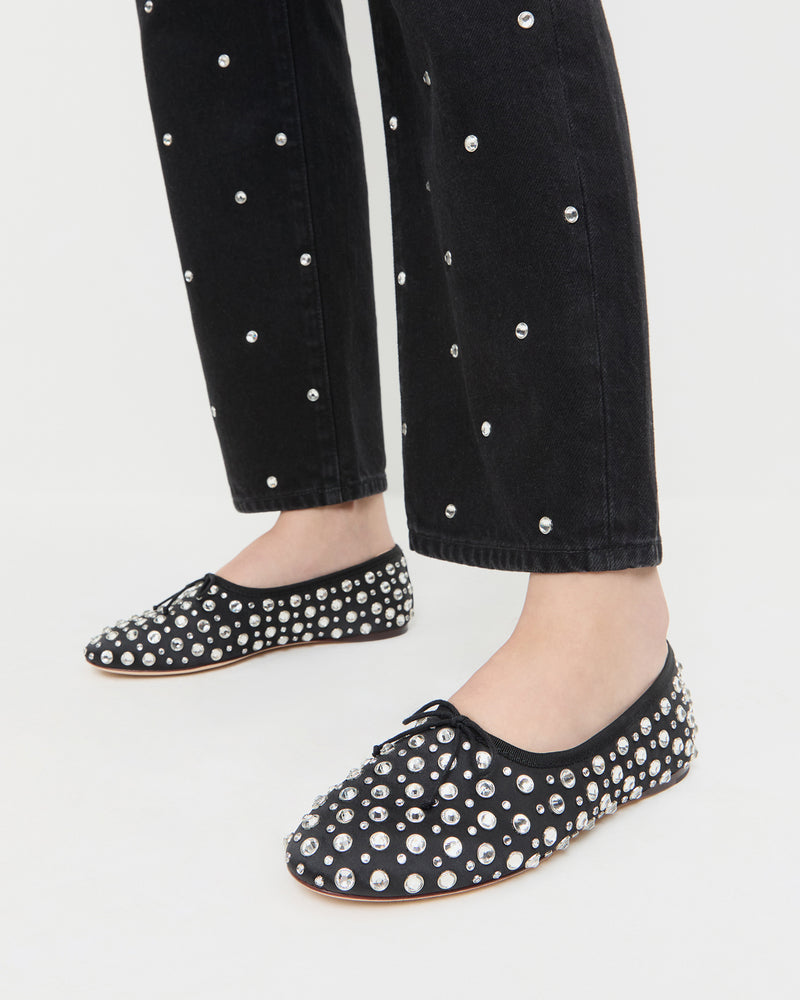 Landon Black/Crystal Ballet Flat in black satin with crystal accents and Winona Denim Pant in black denim with crystal accents.
