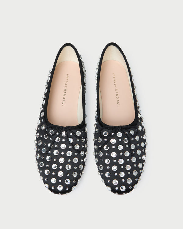 Landon Black/Crystal Ballet Flat in black satin with crystal accents.