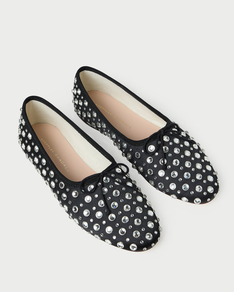 Landon Black/Crystal Ballet Flat in black satin with crystal accents.