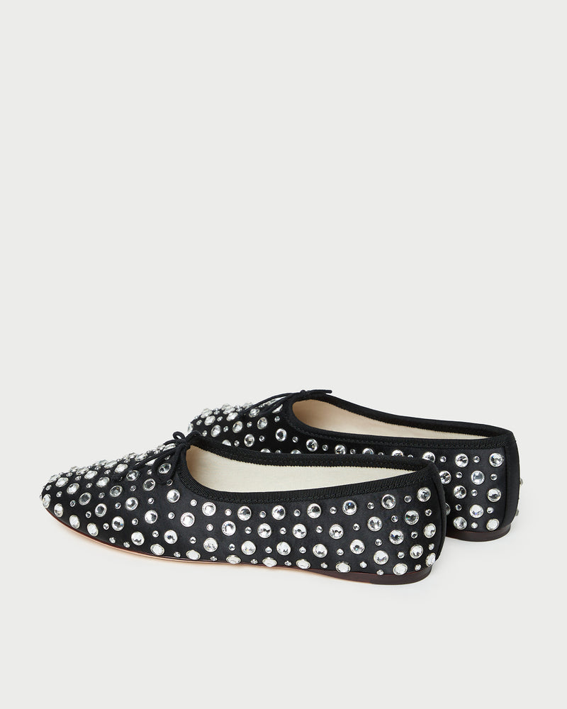 Landon Black/Crystal Ballet Flat in black satin with crystal accents.