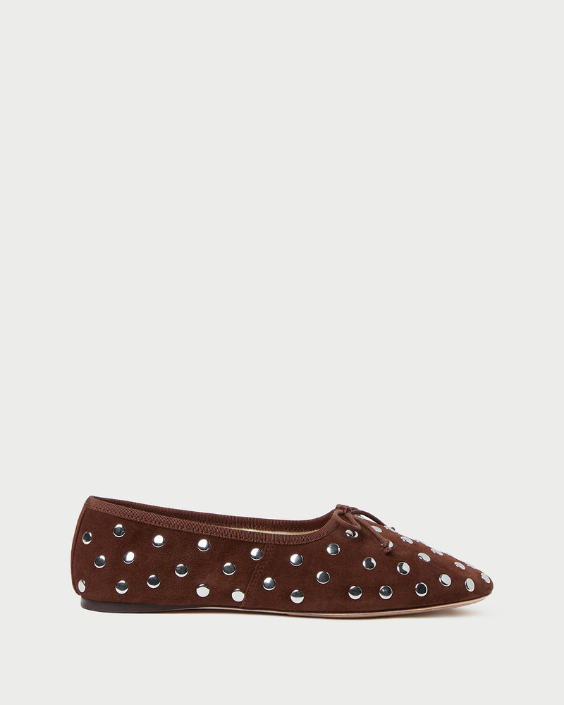 Landon Espresso/Silver Suede Ballet Flat in espresso brown suede with silver stud accents.
