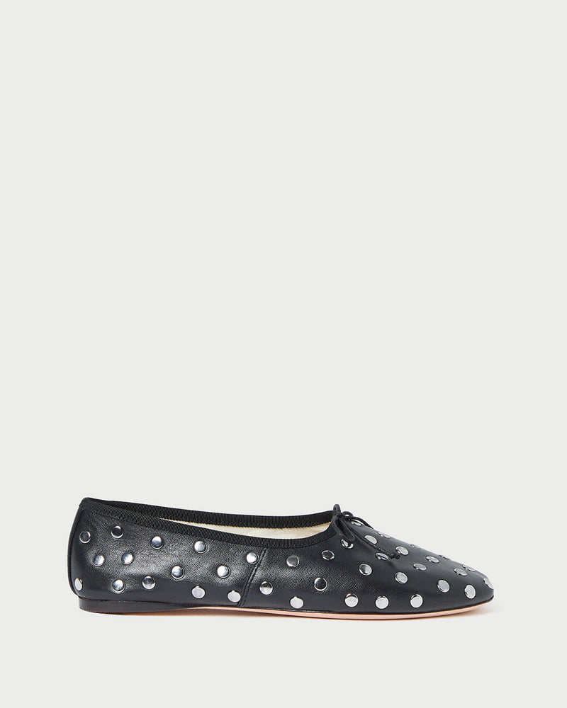 Landon Black/Silver Ballet Flat in black leather and silver stud accents.