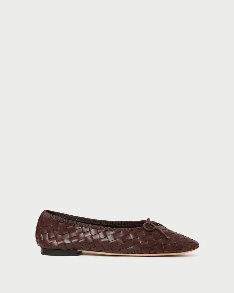 Landry Chocolate Woven Ballet Flat in chocolate brown woven leather.
