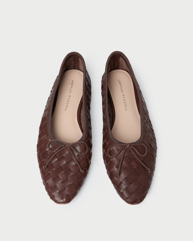 Landry Chocolate Woven Ballet Flat in chocolate brown woven leather.
