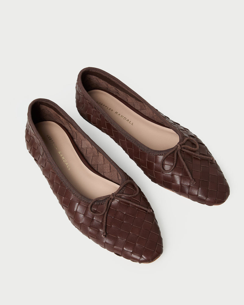 Landry Chocolate Woven Ballet Flat in chocolate brown woven leather.