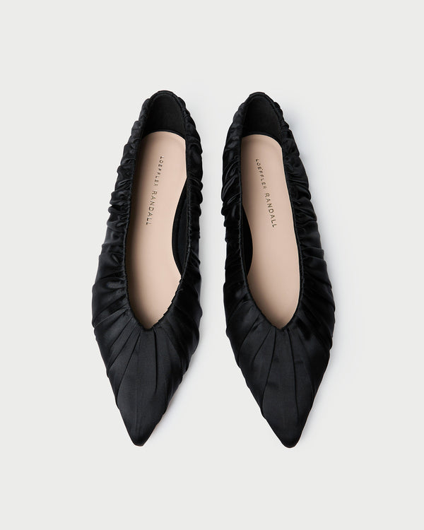 Lane Black Satin Ballet Flat in black satin.