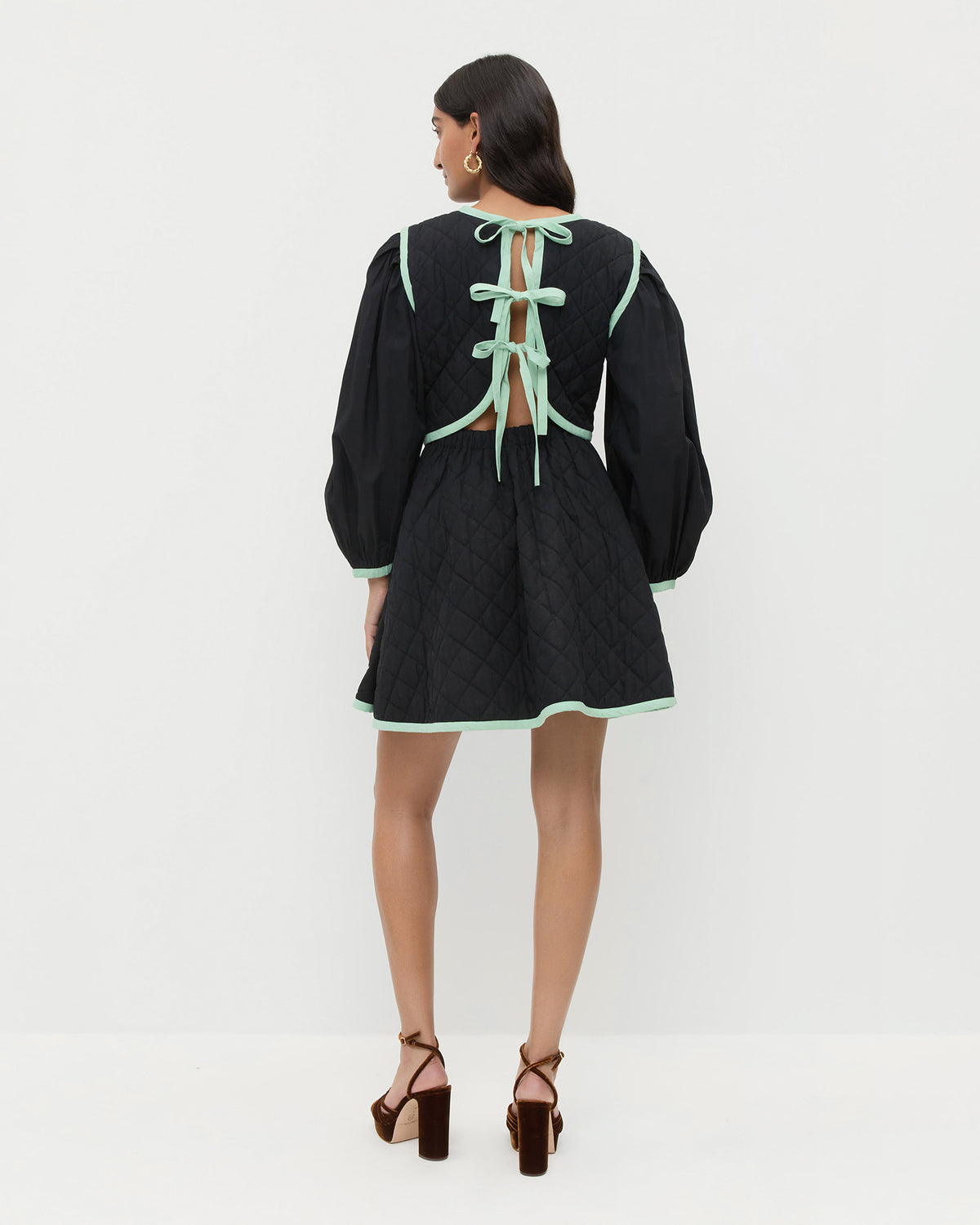 Laney Short Dress in quilted black cotton with mint and brown floral design and Rivka Brown Velvet Platform Sandal.