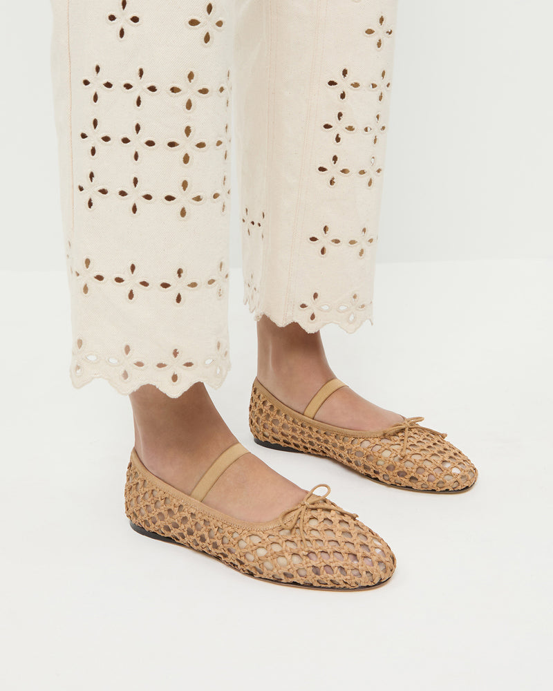 Leonie Brown Crochet Ballet Flat in brown crochet raffia and Demi Embroidered Pant in natural cotton.