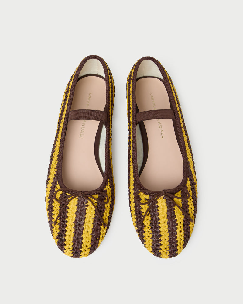 Leonie Yellow/Brown Crochet Ballet Flat in yellow and brown striped raffia.