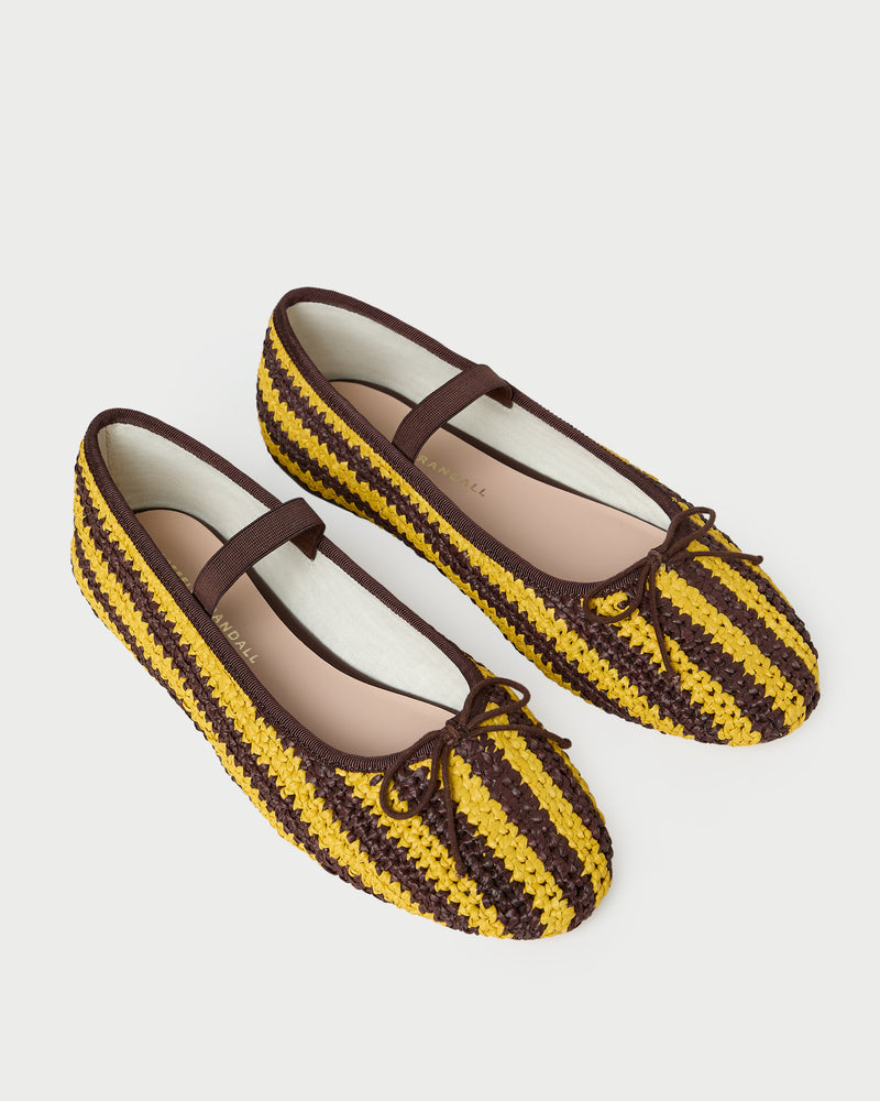 Leonie Yellow/Brown Crochet Ballet Flat in yellow and brown striped raffia.