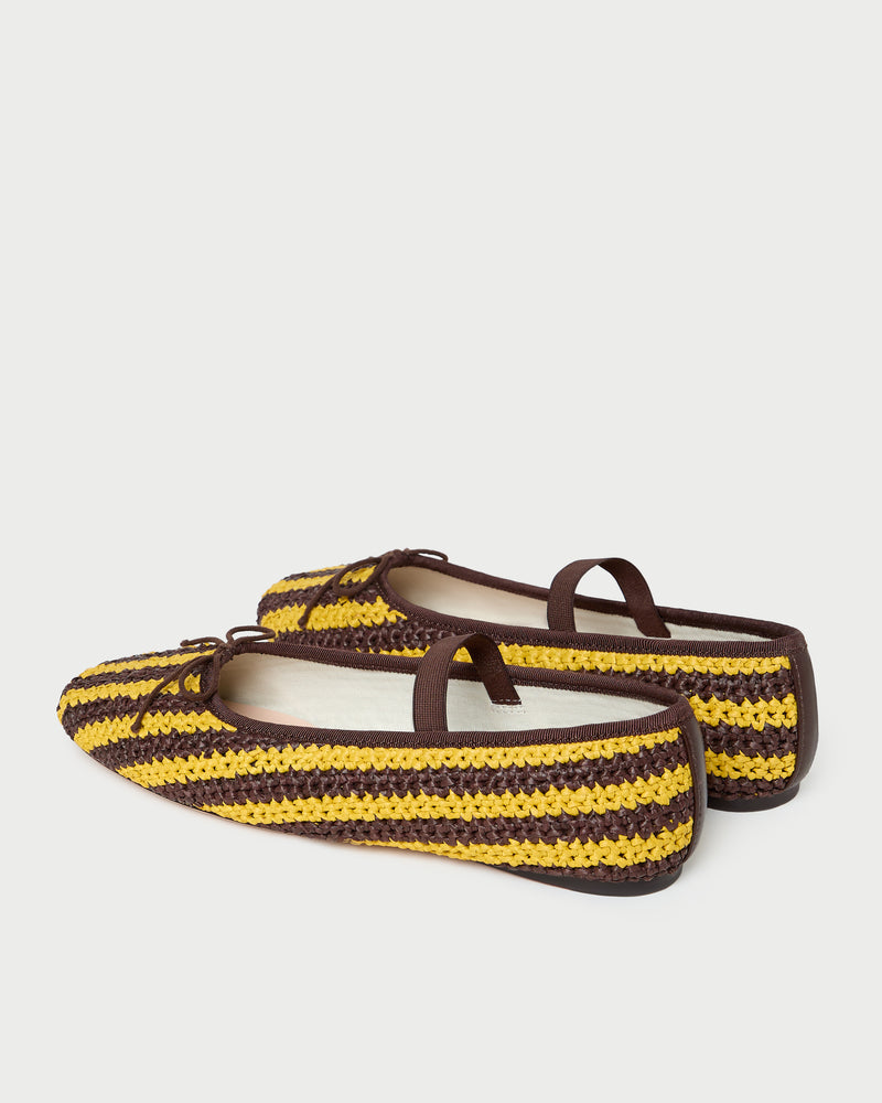Leonie Yellow/Brown Crochet Ballet Flat in yellow and brown striped raffia.