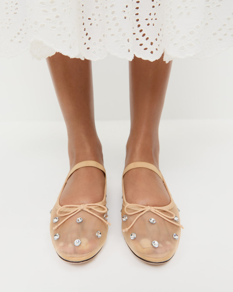 Leonie Caramel/Crystal Ballet Flat in caramel mesh with crystal accent and Thelma Eyelet Dress in white cotton.