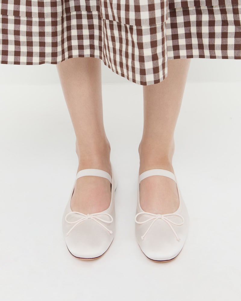 Leonie Cream Ballet Flat in cream satin and Diane Dress in brown/cream gingham.