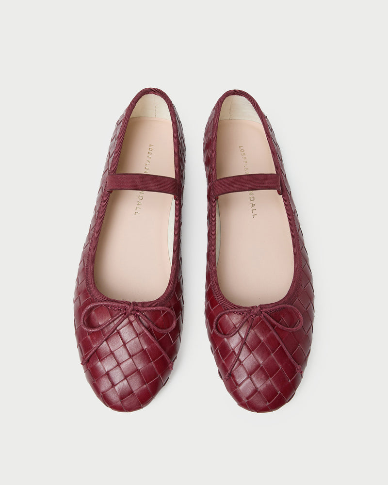 Leonie Wine Woven Ballet Flat in red wine woven leather.