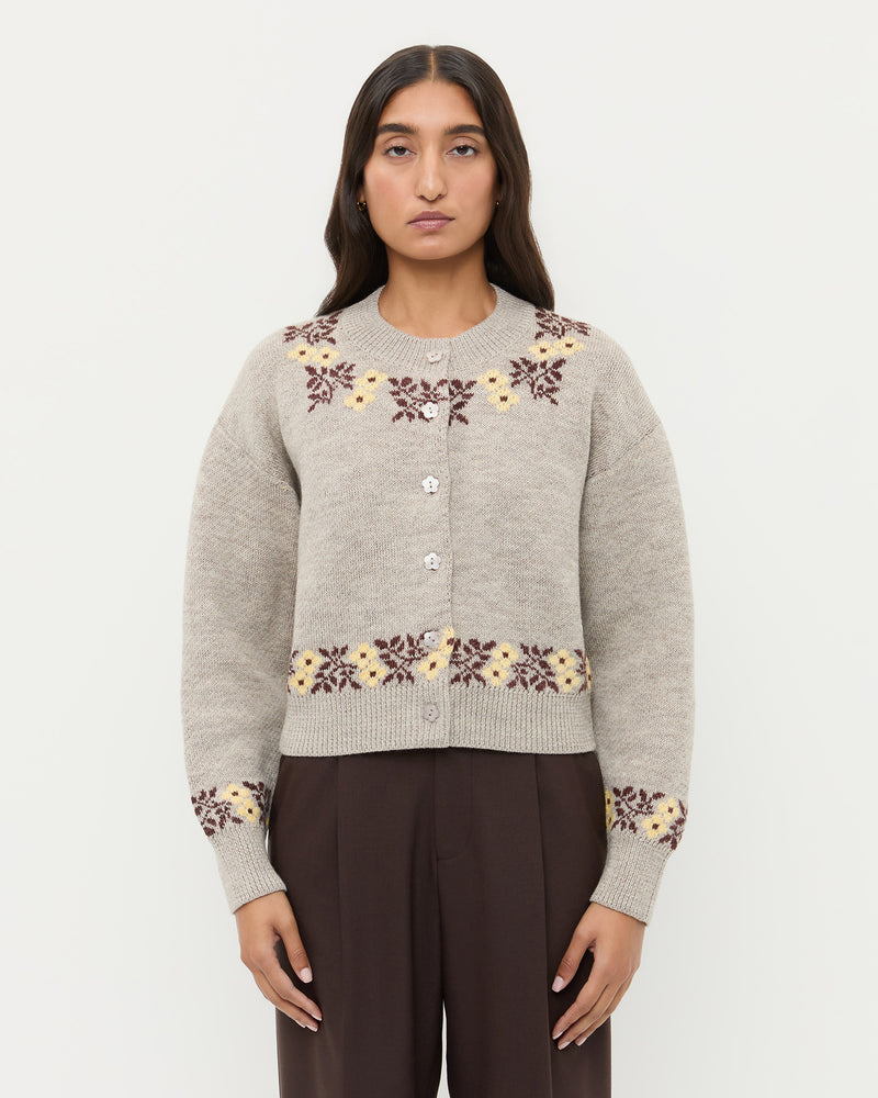 Leto Intarsia Cardigan in grey floral intarsia wool.
