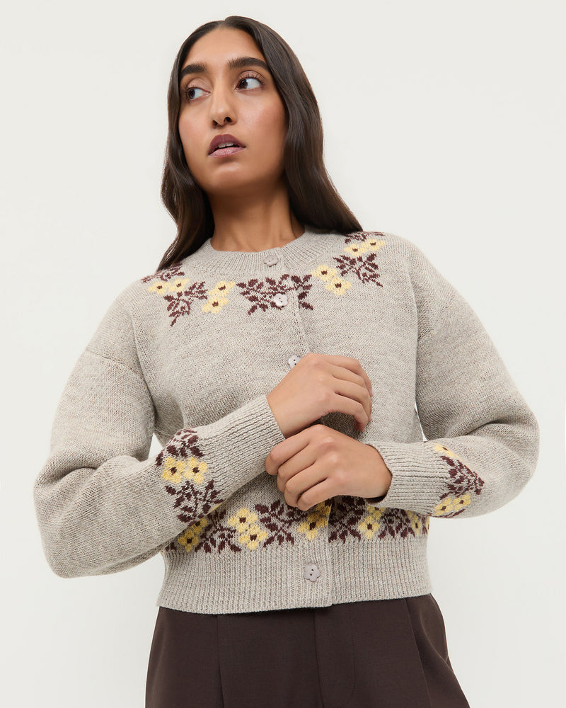 Leto Intarsia Cardigan in grey floral intarsia wool.