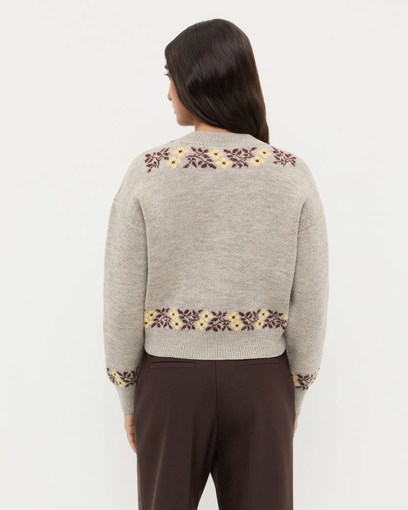 Leto Intarsia Cardigan in grey floral intarsia wool.