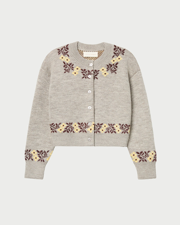 Leto Intarsia Cardigan in grey floral intarsia wool.