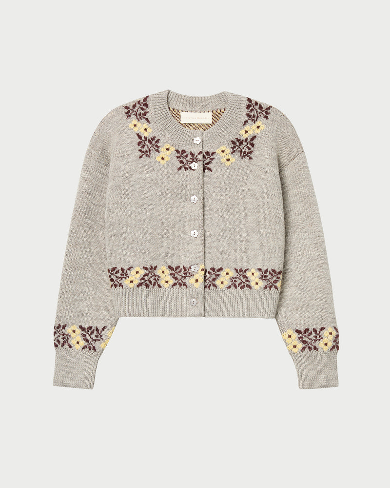 Leto Intarsia Cardigan in grey floral intarsia wool.