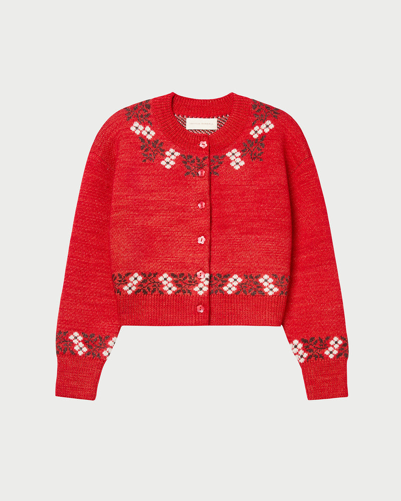 Leto Intarsia Cardigan in red floral intarsia wool.